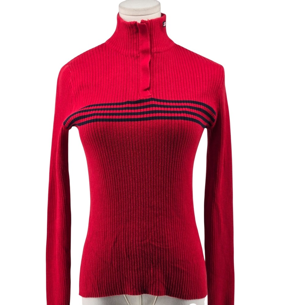 Polo Jeans Co. Sweater Pullover Womens M Red Cotton 1/4 Zip Mock Neck Striped